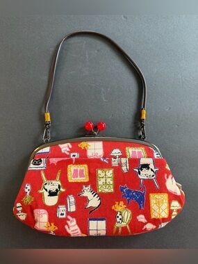 Gamaguchi Kiss Lock Bag Double Frame Cat Novelty Print Convertible Crossbody 9.5